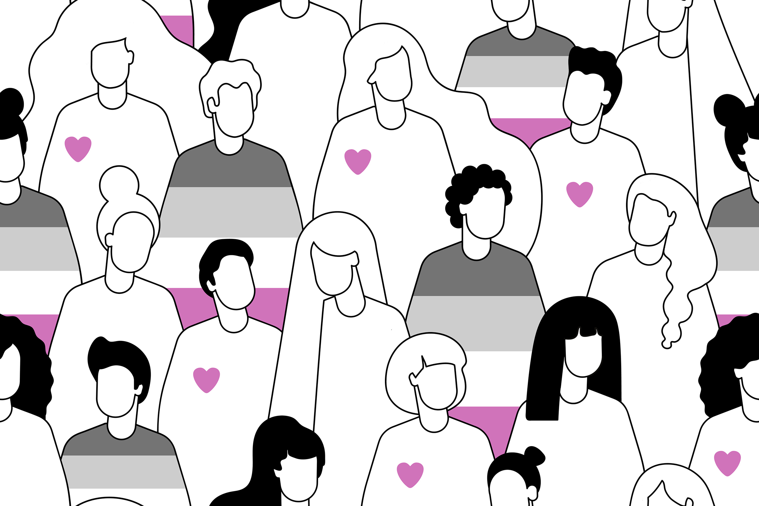 An illustration of a crowd of people in outline, with asexuality flag colors (purple, gray, and white) on some of their clothes, and purple hearts visible on some