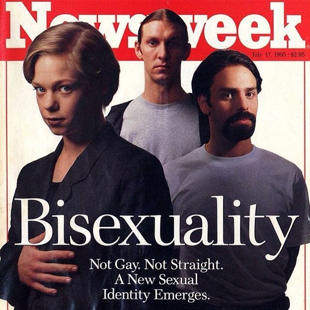 Newsweek cover with a woman and two men in shadow with the headline Bisexuality Not Gay. Not Straight. A New Sexual Identity Emerges