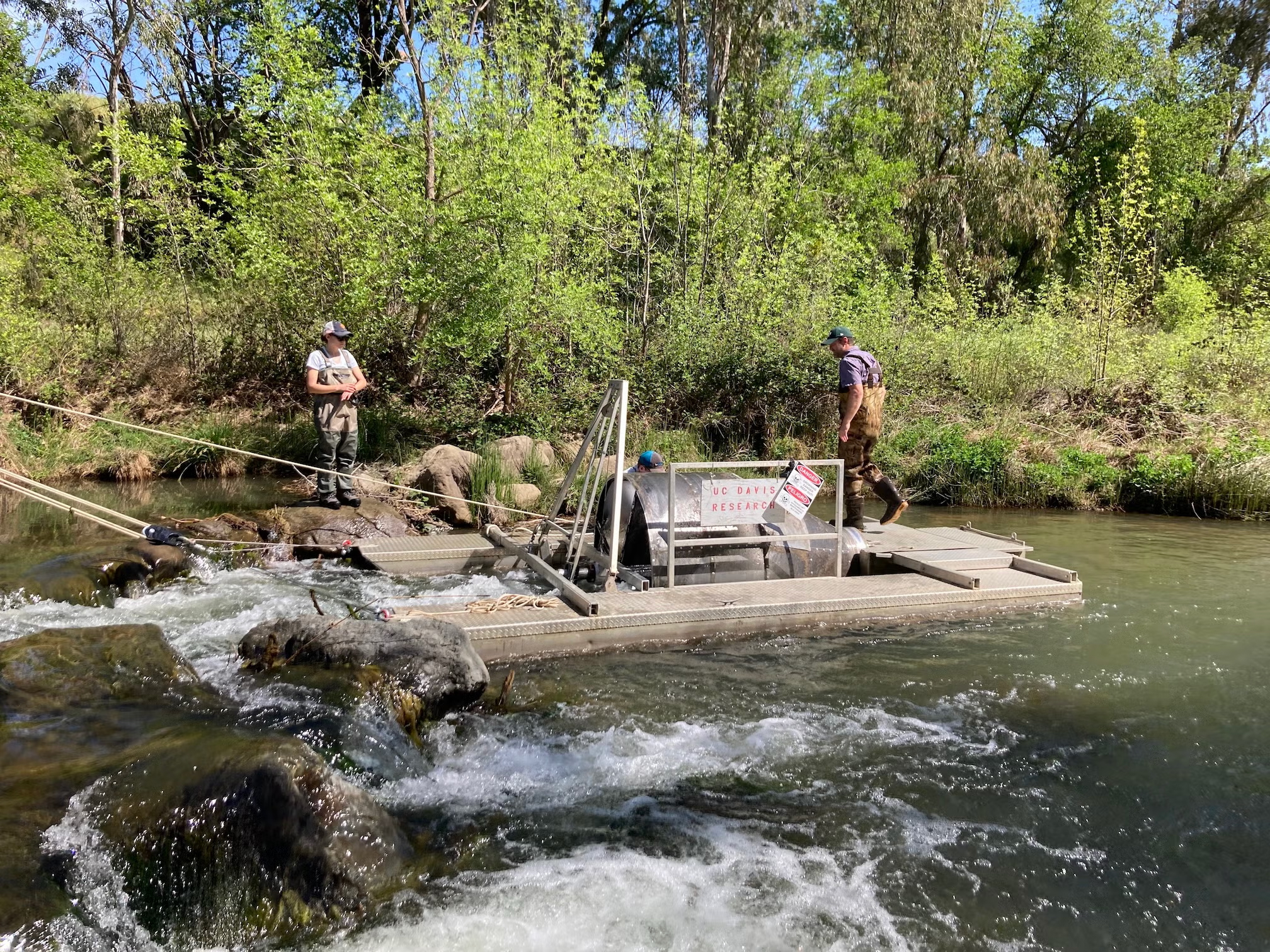 Two people wearing waders and caps looking at a platform in the middle of a rushing stream
