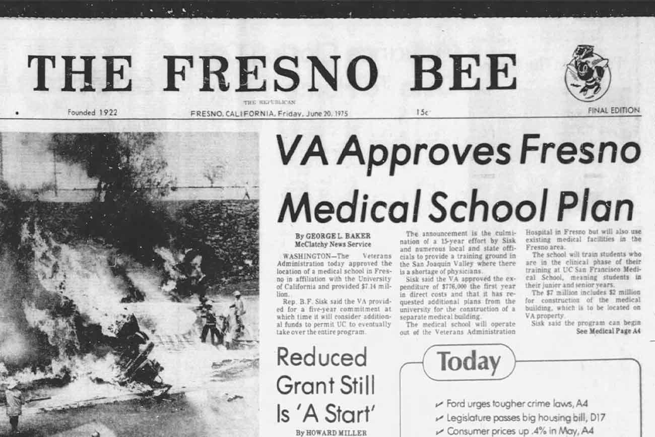 A newspaper clipping from The Fresno Bee in 1975 with headline, VA Approves Fresno Medical School Plan