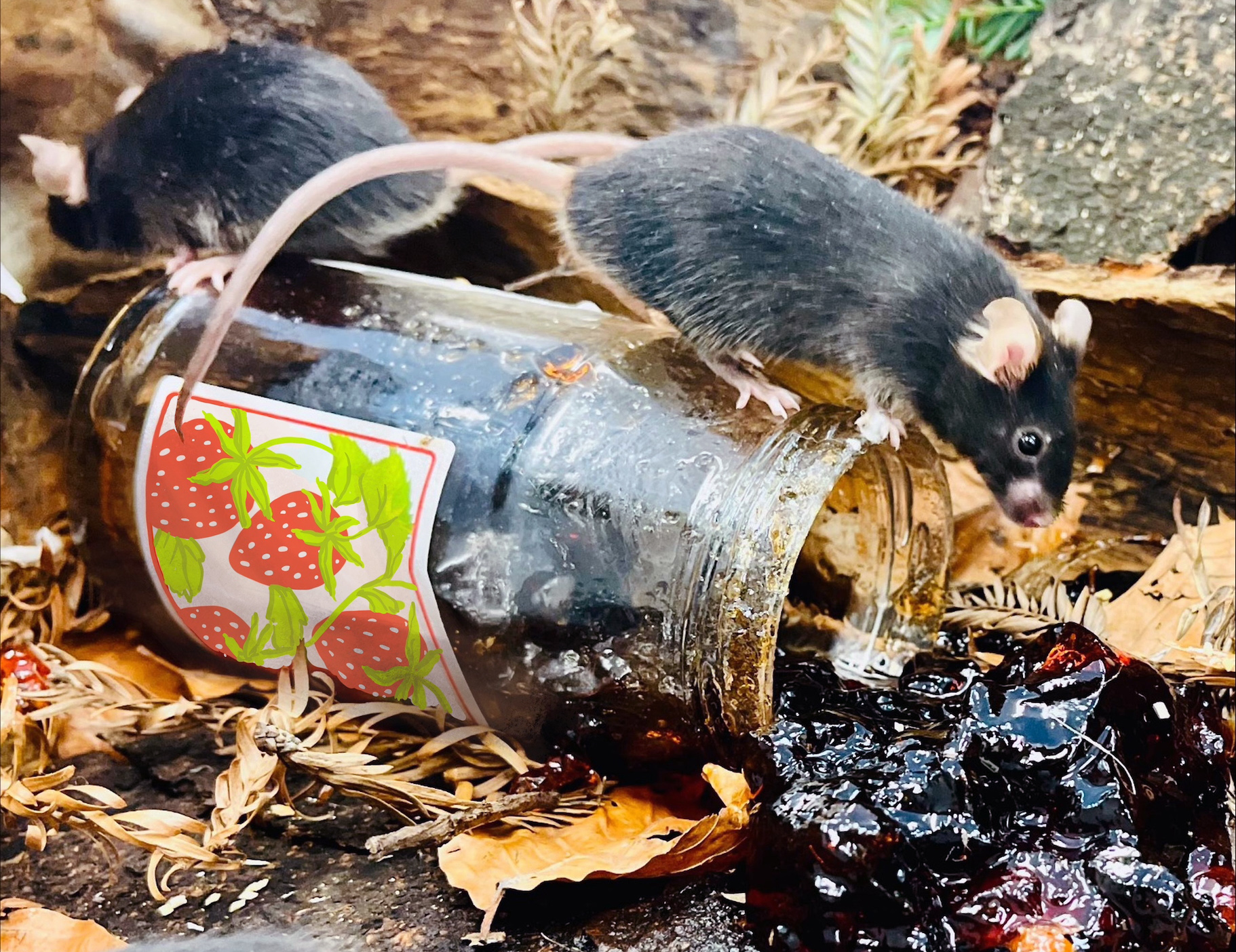 Two gray mice in the wild on a jam jar that is open
