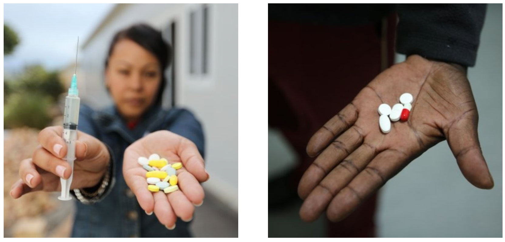 Two square photos side by side. The left photo shows a woman holding a syringe in one hand and a handful of a dozen or more pills in the other, arms outstretched toward the camera. In the right image, a hand holds five pills.