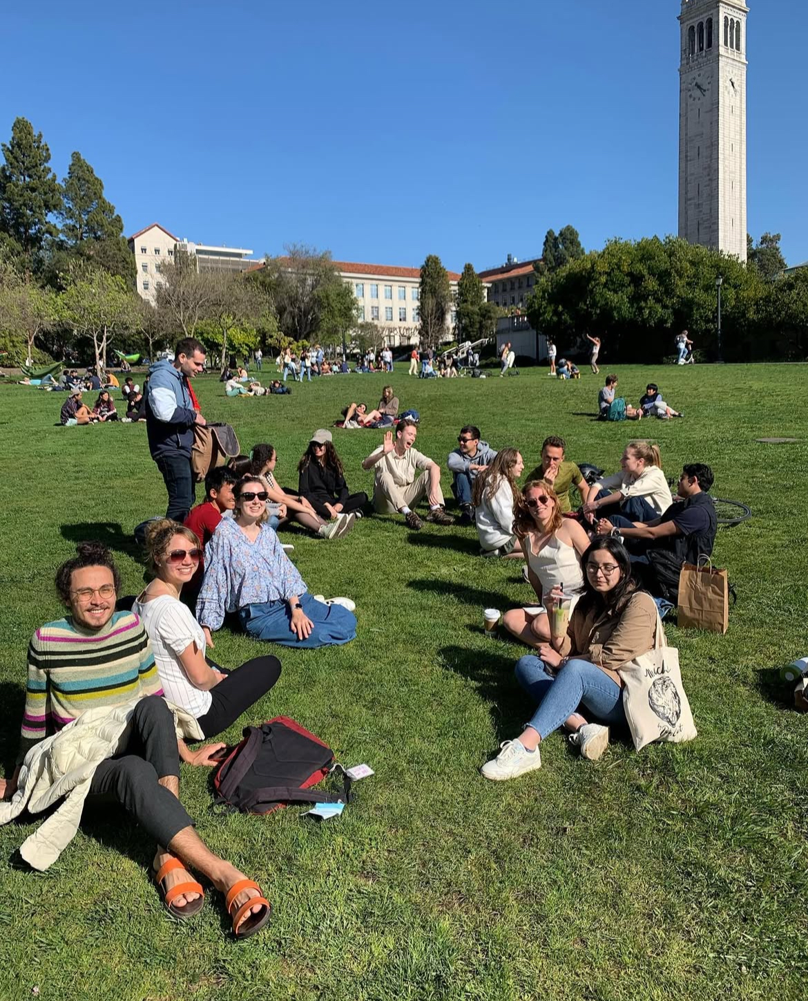 A group of students, many wearing sunglasses, sit in Memorial Glade