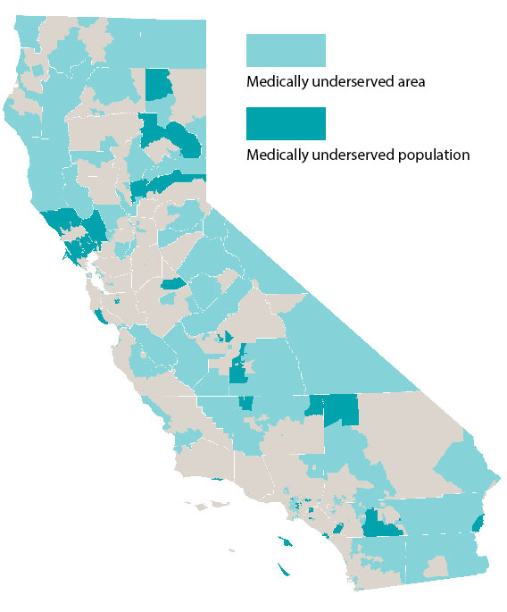 A map showing medically underserved areas and populations in California