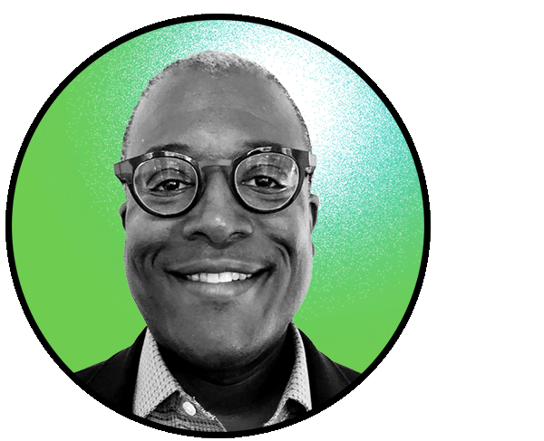 Jason Sello smiles at the camera wearing glasses. The image frame is circular and cropped closely around Brian's face, which is in black and white, against a green background.
