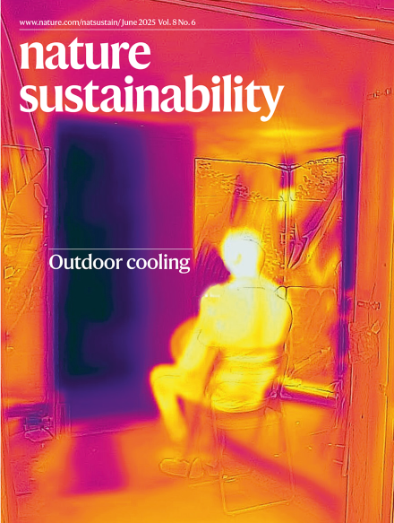 Nature Sustainability magazine shows thermal imaging of a person sitting in a folding chair inside a radiant cooling structure
