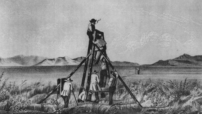 Black and white illustration of surveyors in Utah in the 1840s.
