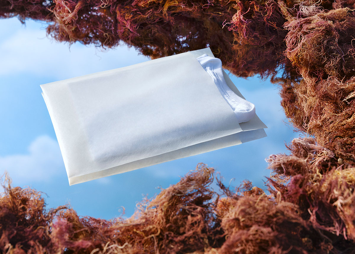 A plastic bag sits on a mirror countertop, reflecting a blue sky, surrounded by artfully arranged clumps of dried red seaweed