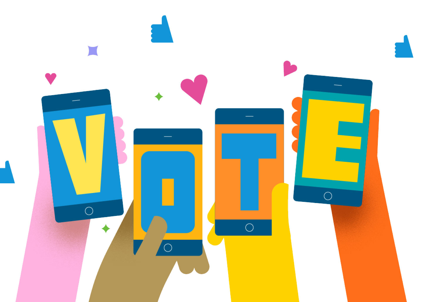 Hands hold phone screens that spell out V-O-T-E