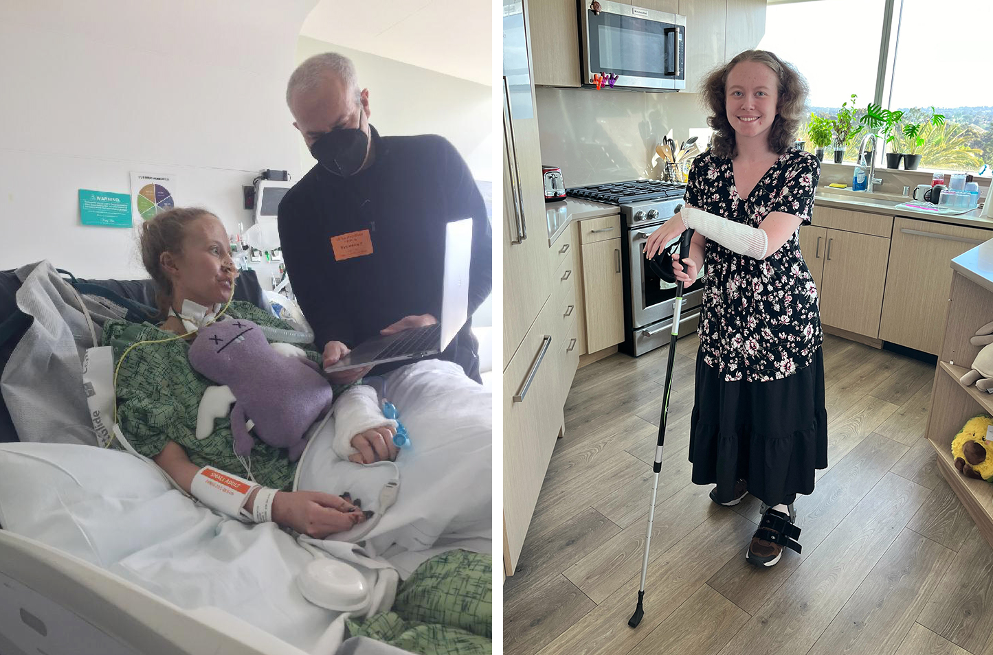 A woman lies in a hospital bed while a man shows her something on a laptop computer, and in a second picture stands with a cane