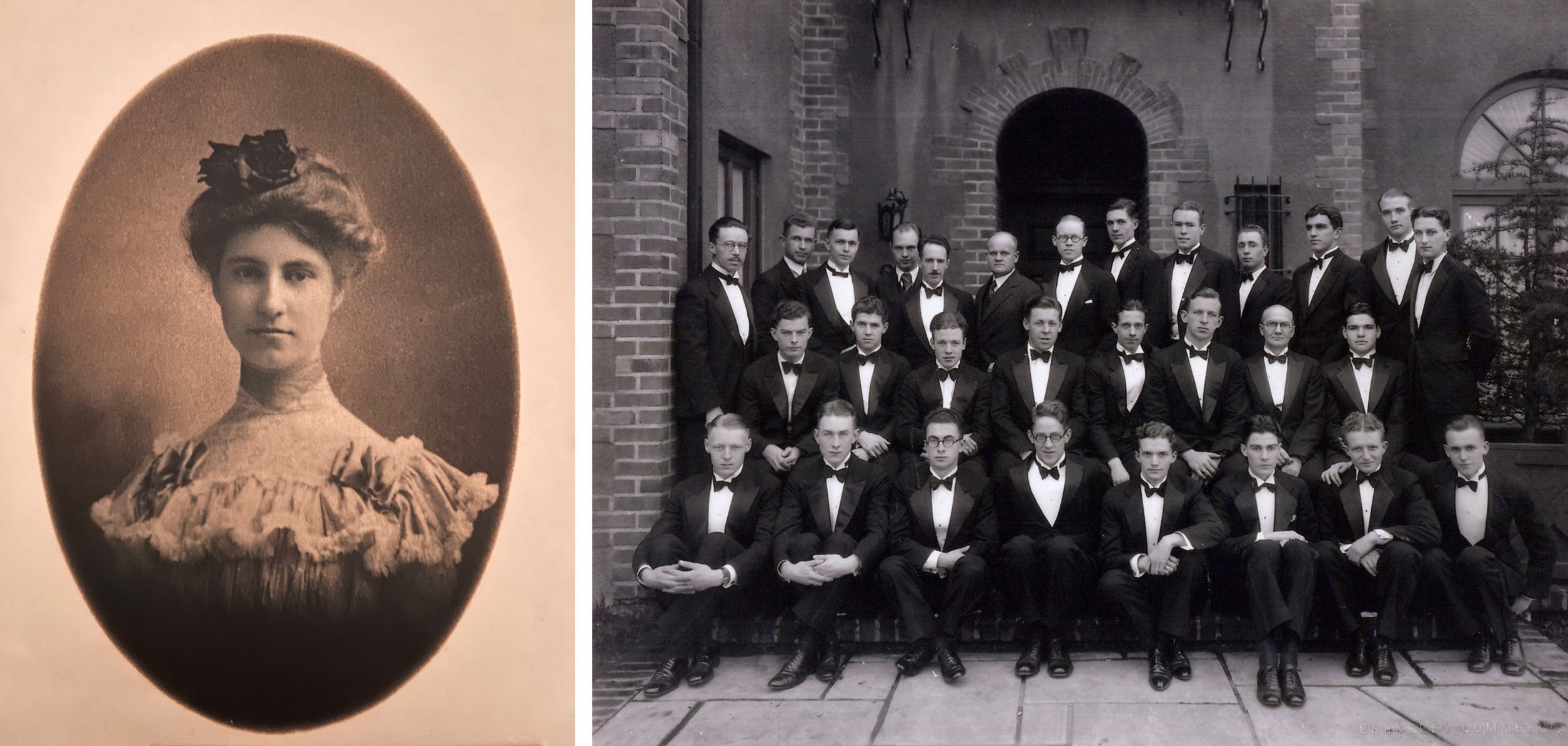 Antique black-and-white portraits of a young woman in fancy clothes and a group of young men in tuxedos