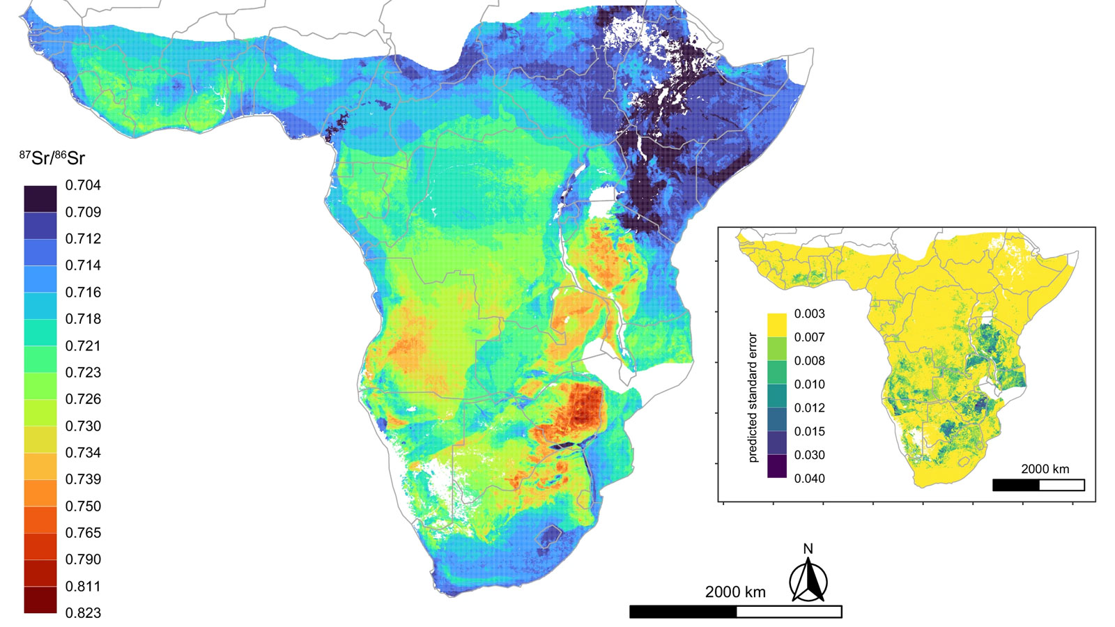 A color-coded map of sub-Saharan Africa showing predicted ⁸⁷Sr/⁸⁶Sr isotope ratios, ranging from low (purple/blue) to high (yellow/red). Higher values appear mainly in southern inland regions. An inset map shows standard error using a yellow-to-purple scale. Country borders, a scale bar, and a north arrow are included.