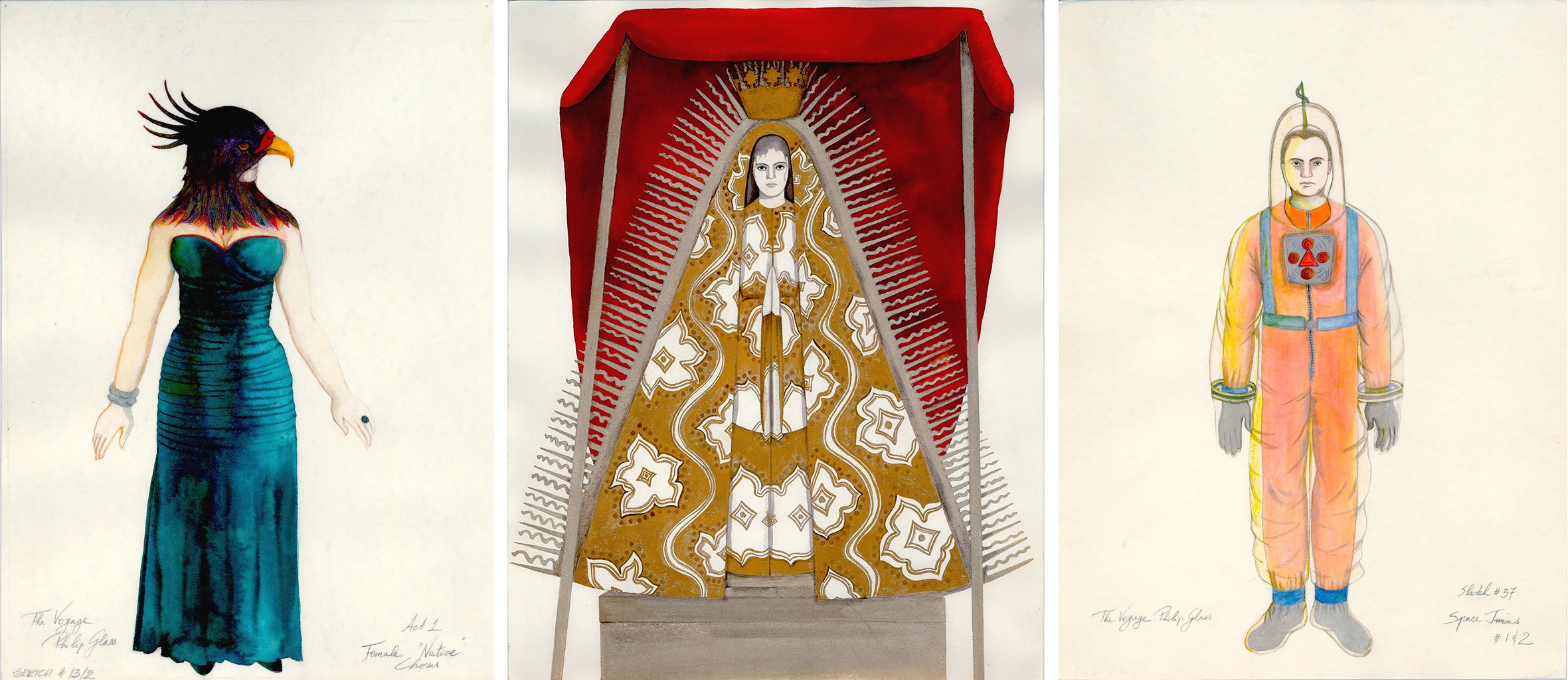 Three costume sketches, one depicting a human figure with a bird head, one a queen in ceremonial robes, and one a person in a space suit