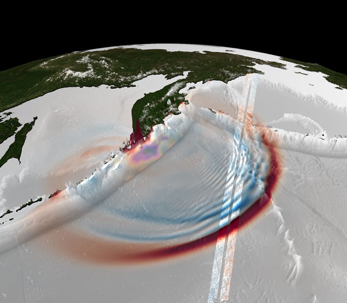 View of Earth with a red circular outline with blue lines within it off of Japan