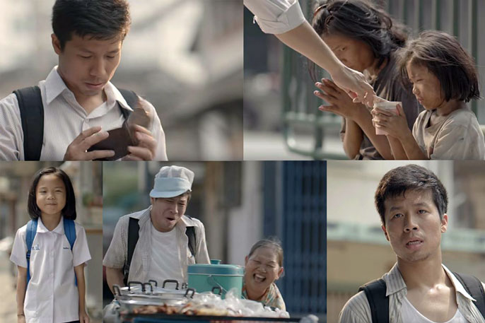 Screenshots of a video of a person being kind to a family on the street