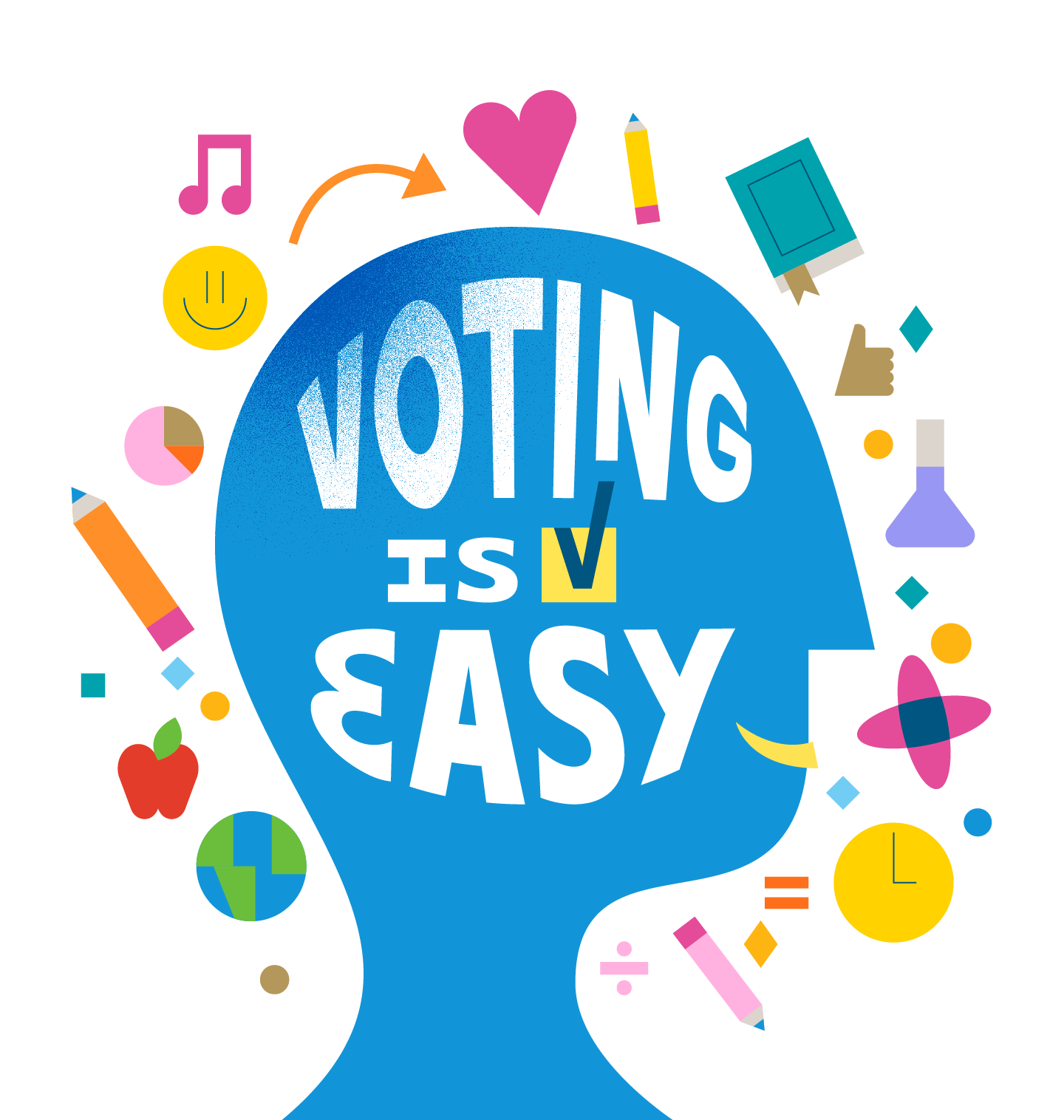 Graphic with the text ‘Voting is easy' inside a blue head silhouette, surrounded by icons like a music note, heart, and pencil, representing college life.
