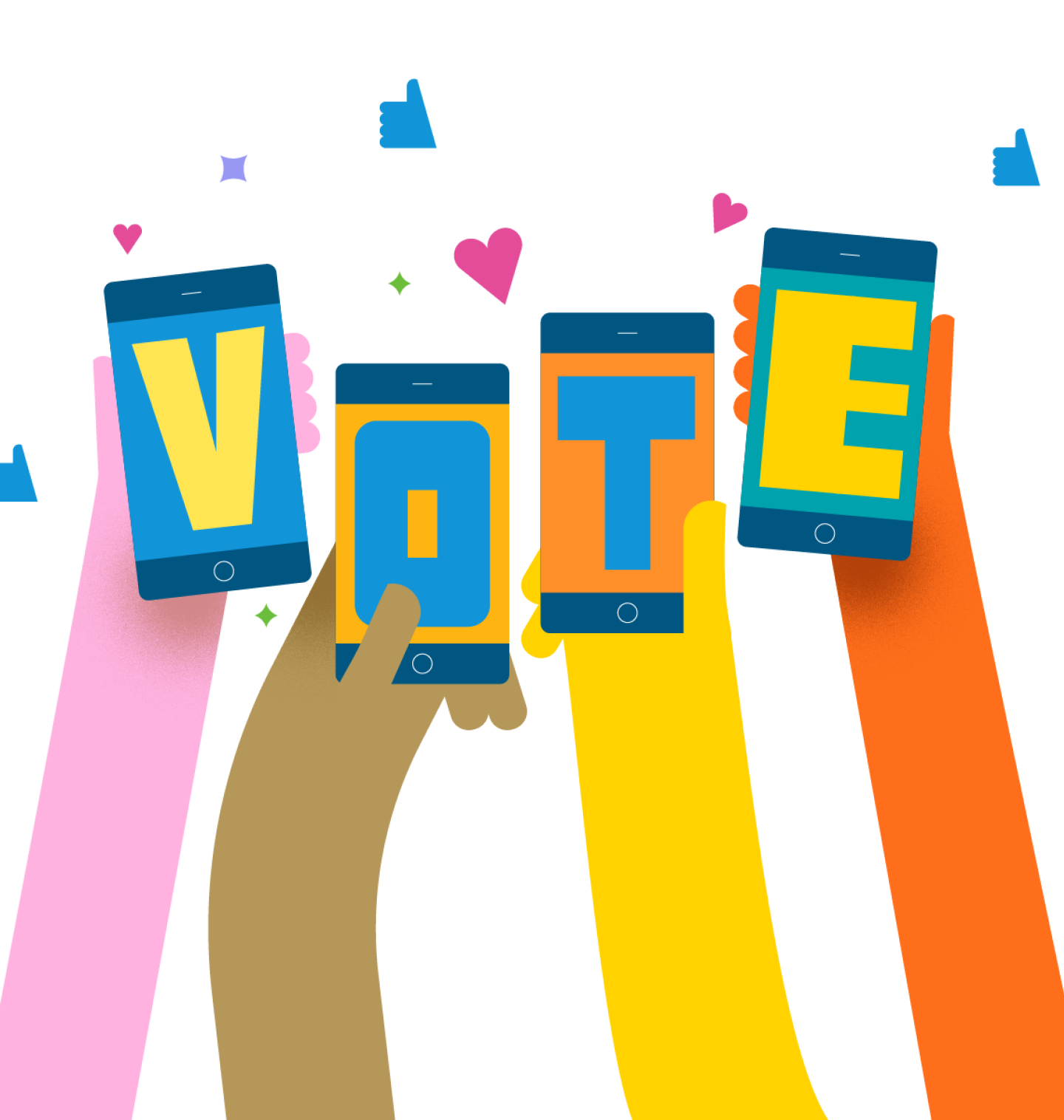 Four hands of various skin tones hold up smartphones spelling out "VOTE," surrounded by icons of thumbs up, hearts, and stars.