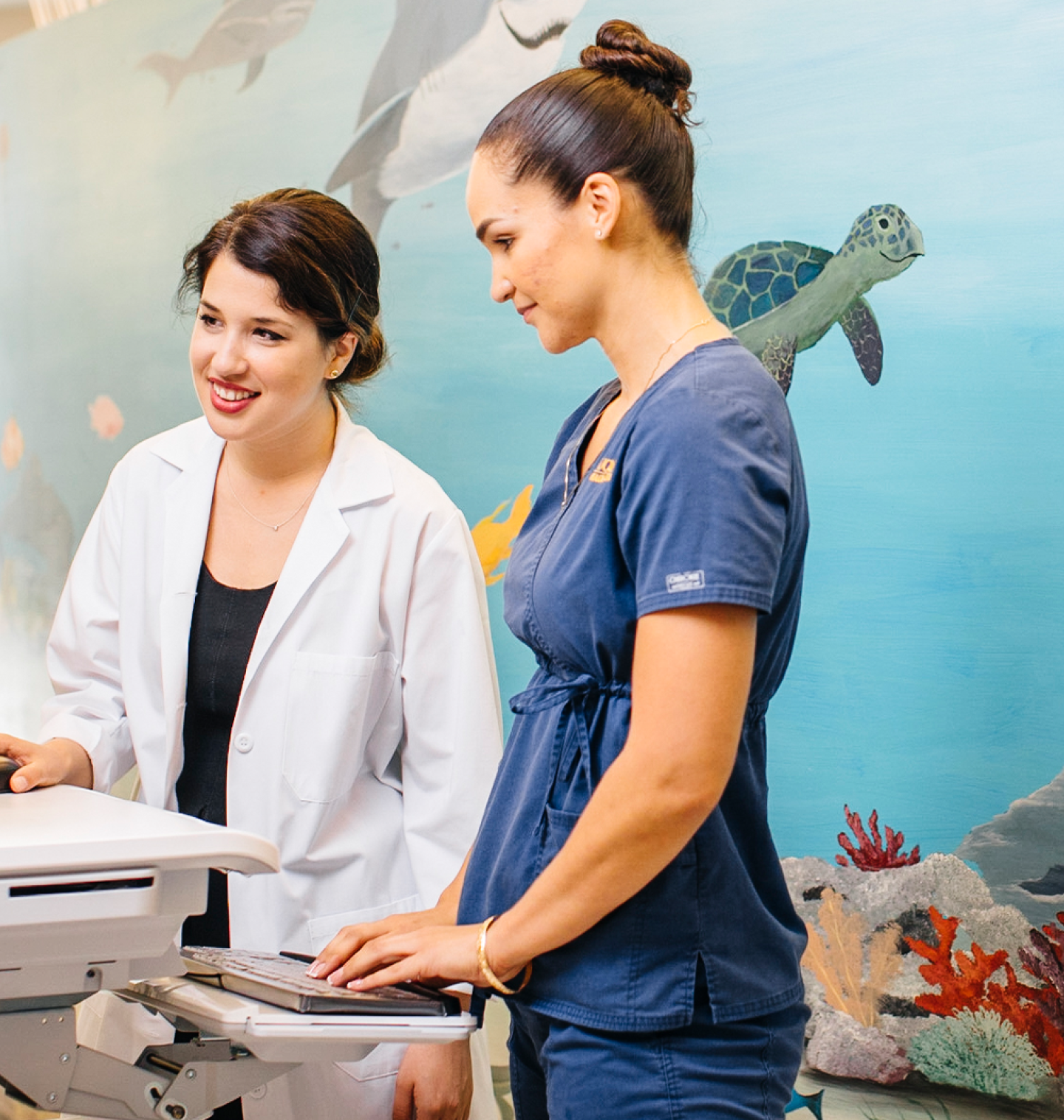 A doctor and nurse looking at a computer screen with an underwater mural behind them. 