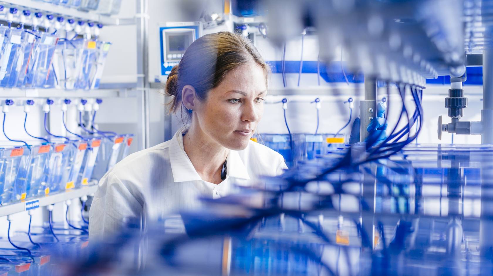 A woman in a lab surrounded by blue tubes