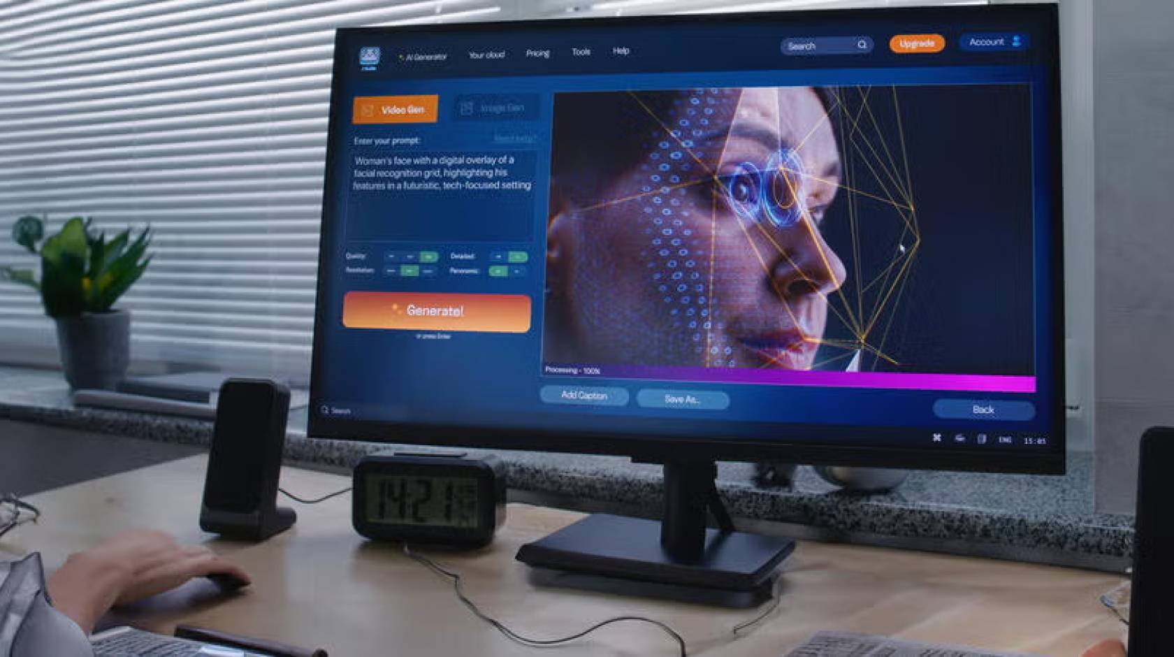 A desktop with a computer showing an AI video being generated