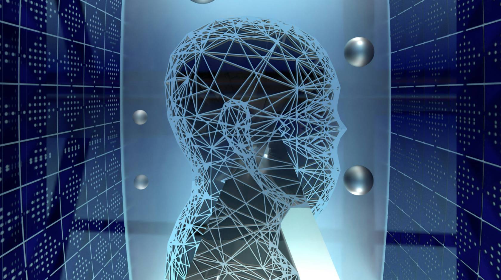 An illustration of a human form in a computer-like setting