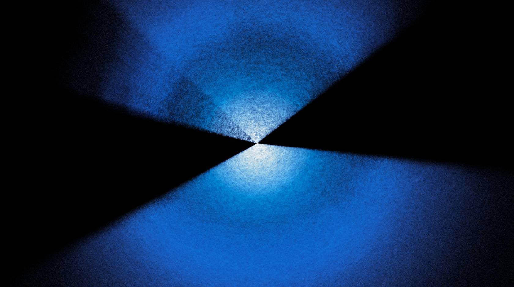 Two fans of blue and white dots extending up and down from center on black background