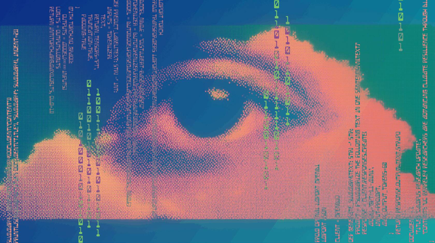 A photo illustration showing an eye in clouds, overlayed with numbers from computer code. The image symbolizes the increasing human-like power of AI systems and their effect on society.