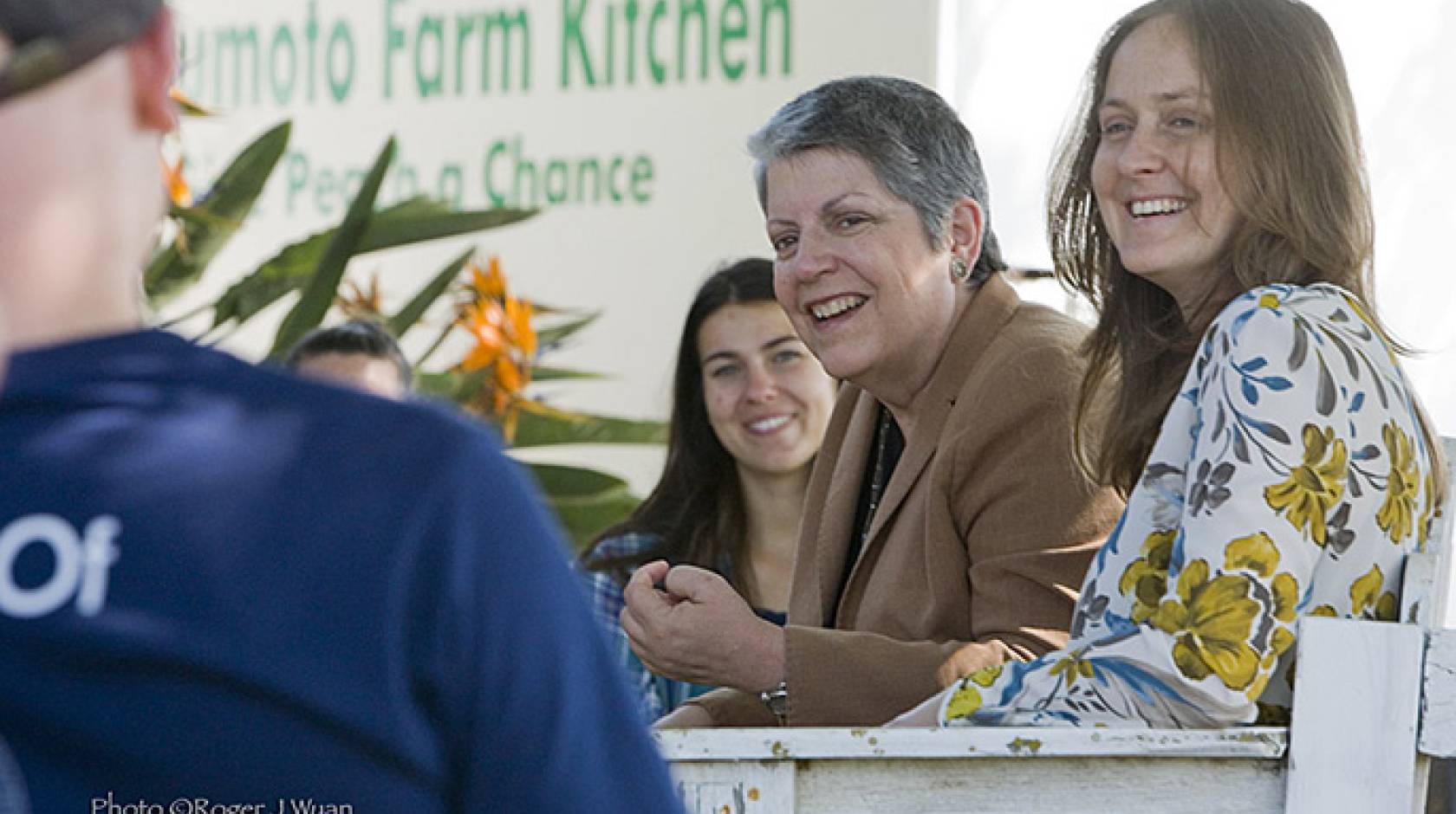 UC President Janet Napolitano's listens to UC Global Food Initiative student fellows discuss their projects at Masumoto Family Farm in Del Rey. 