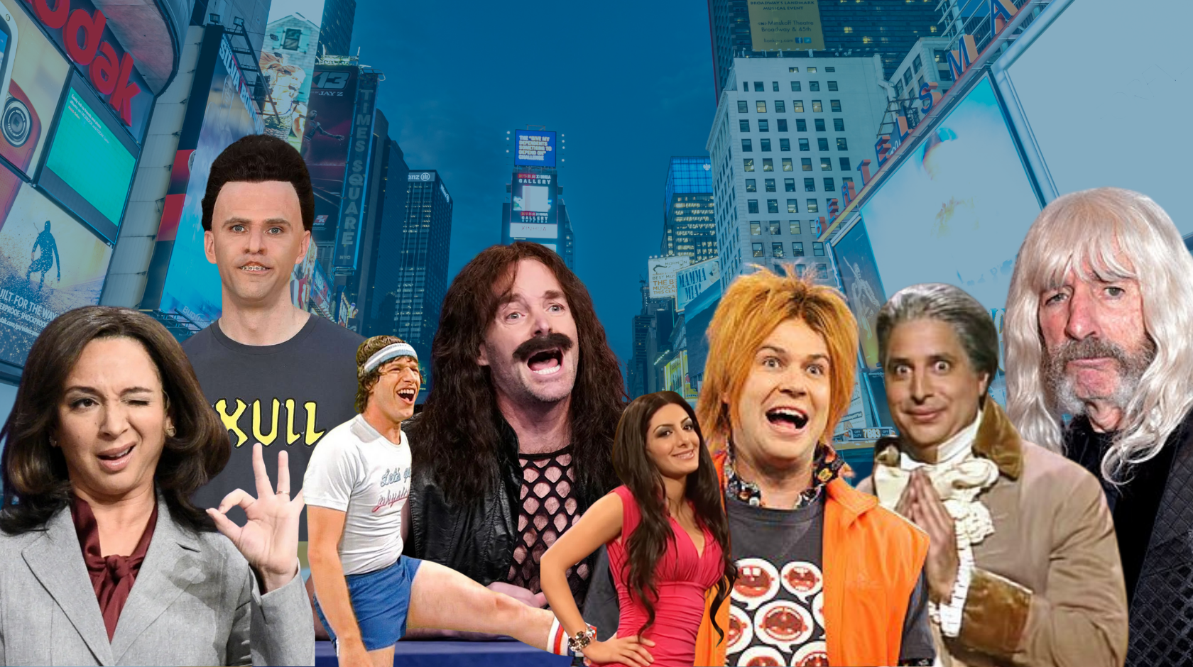 A collage showing 8 SNL cast members in various characters