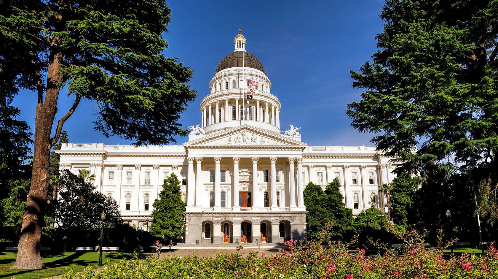 The California State Capitol Building on a blue sky day, with plants and trees out front