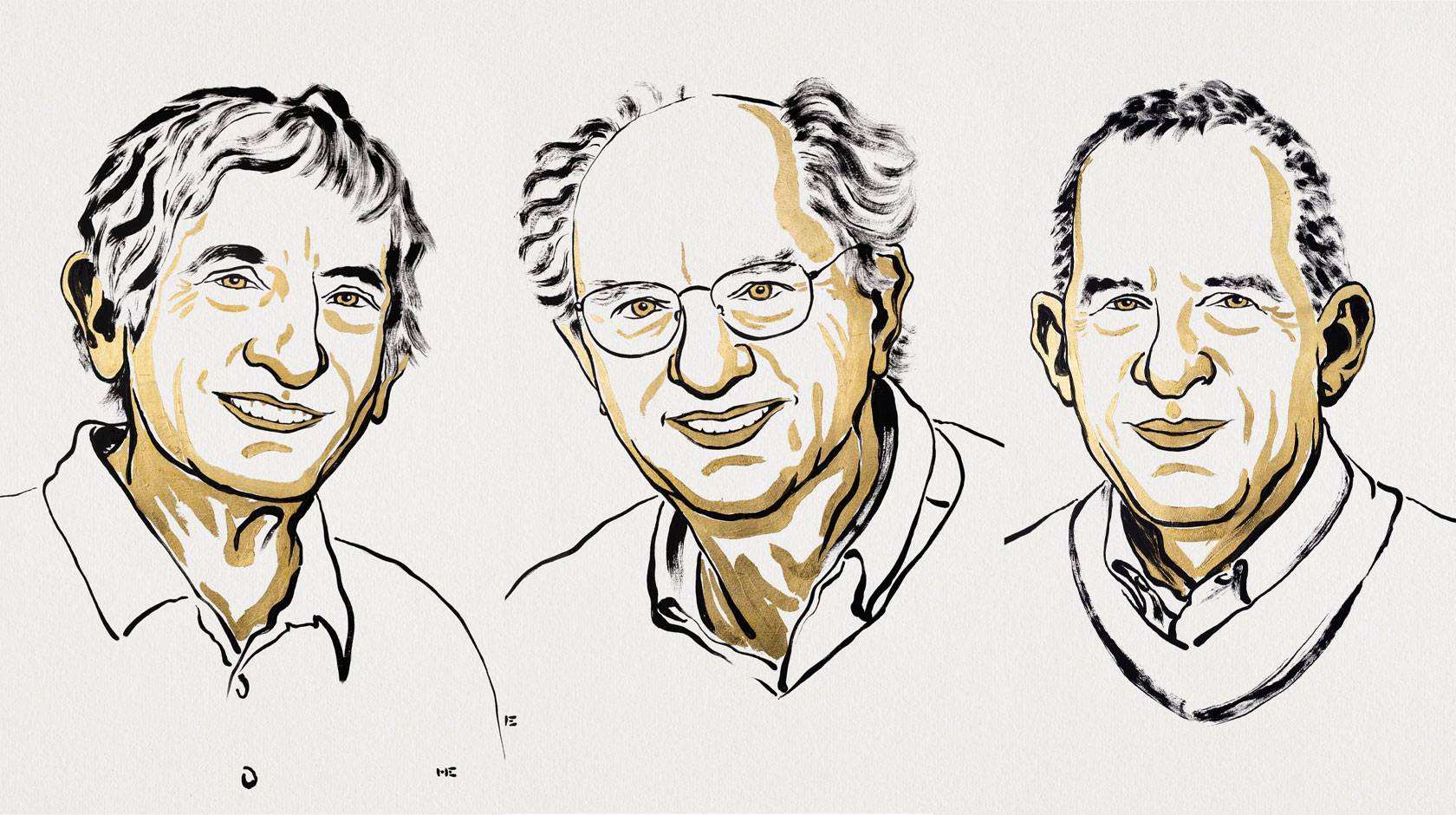 Illustrated headshots of Michel H. Devoret, John Clarke, and John M. Martinis