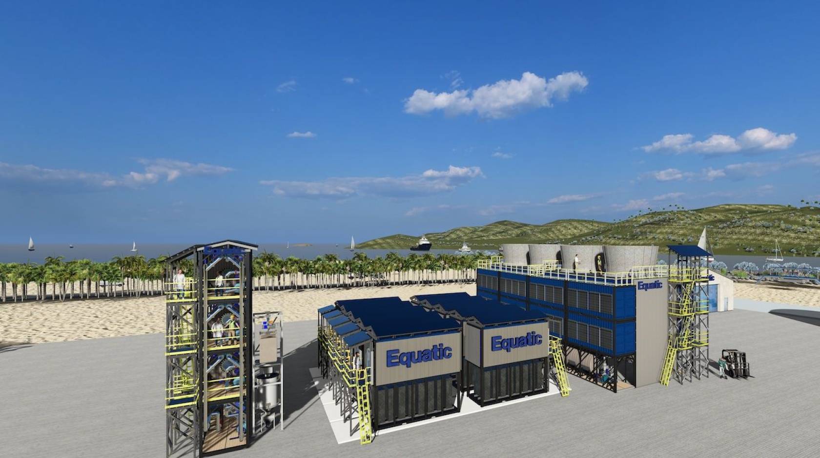 A rendering of a carbon removal plant in front of a beach and ocean