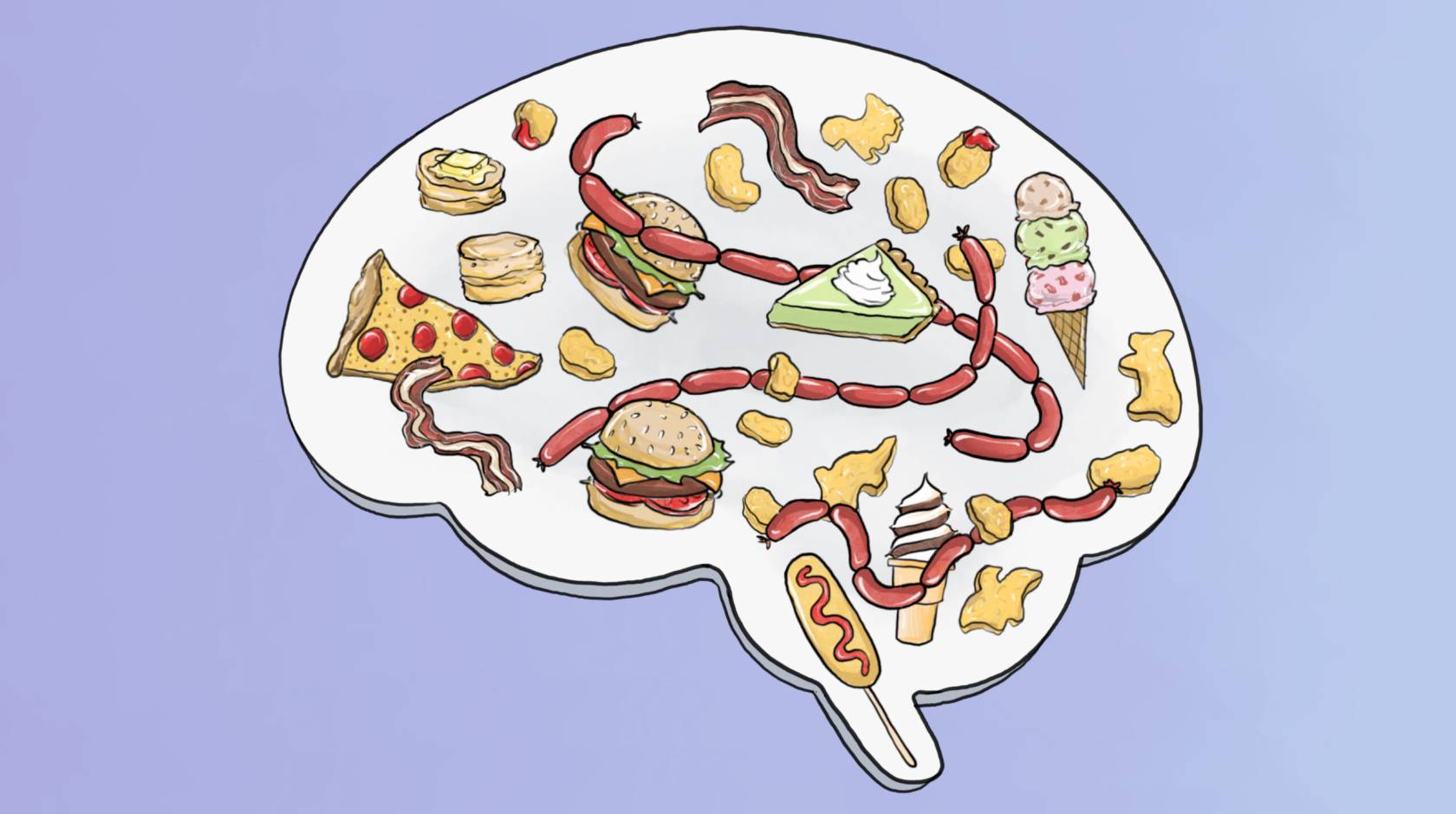 An illustration of a brain on a lilac background in which the brain has a variety of drawings of fatty foods within it