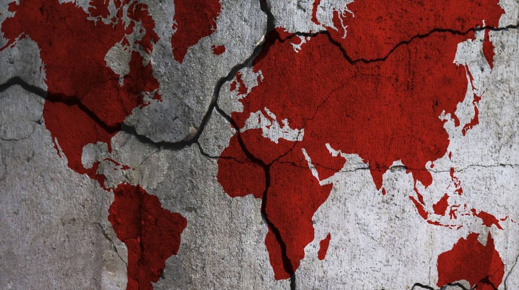 Illustration of a world map. Continents are red, oceans are white, and the map is crossed with dark fault lines, lending a doomy effect