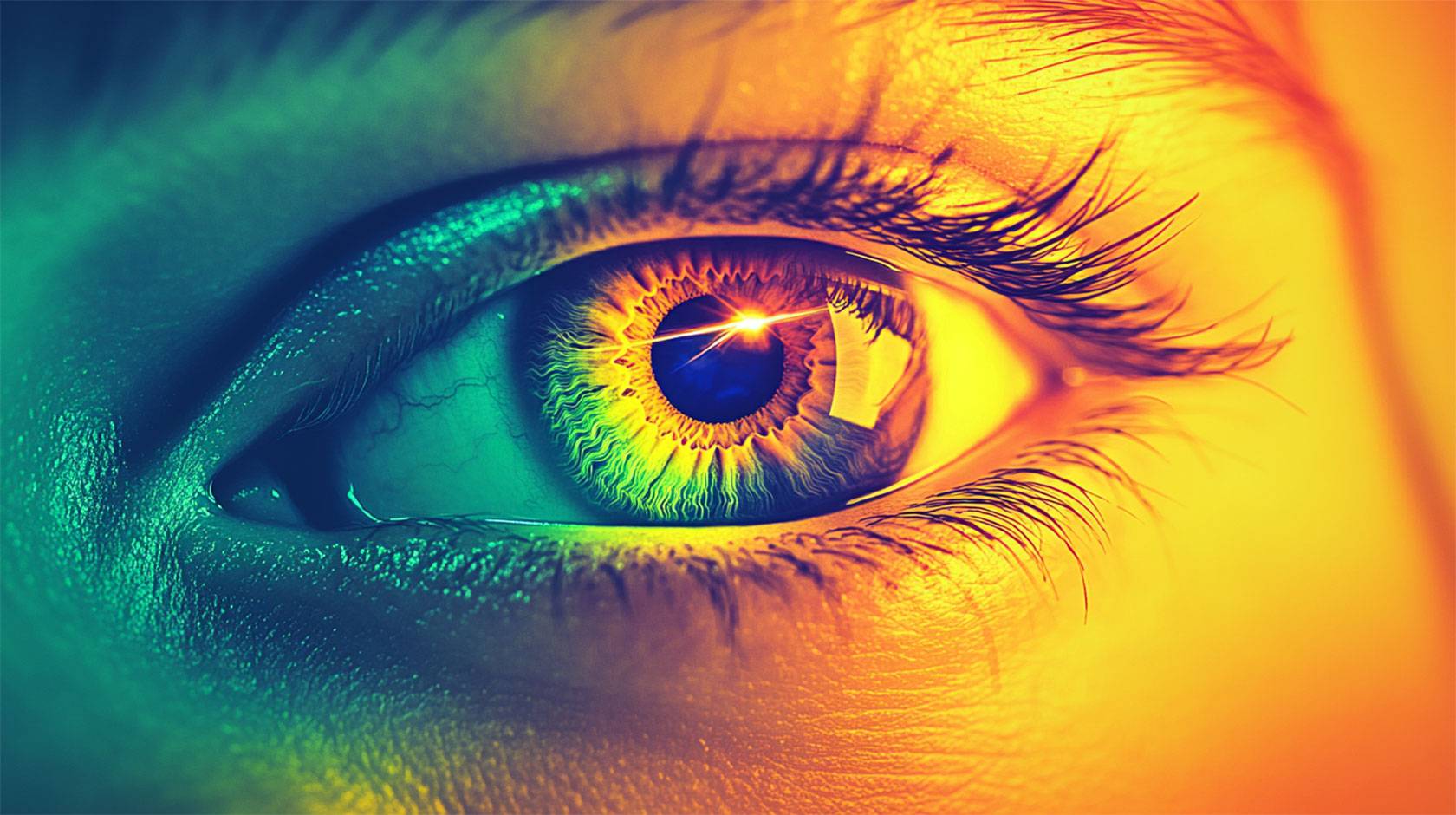 A realistic illustration of a woman's eye in close-up, overlaid with a gradient tint from green to orange