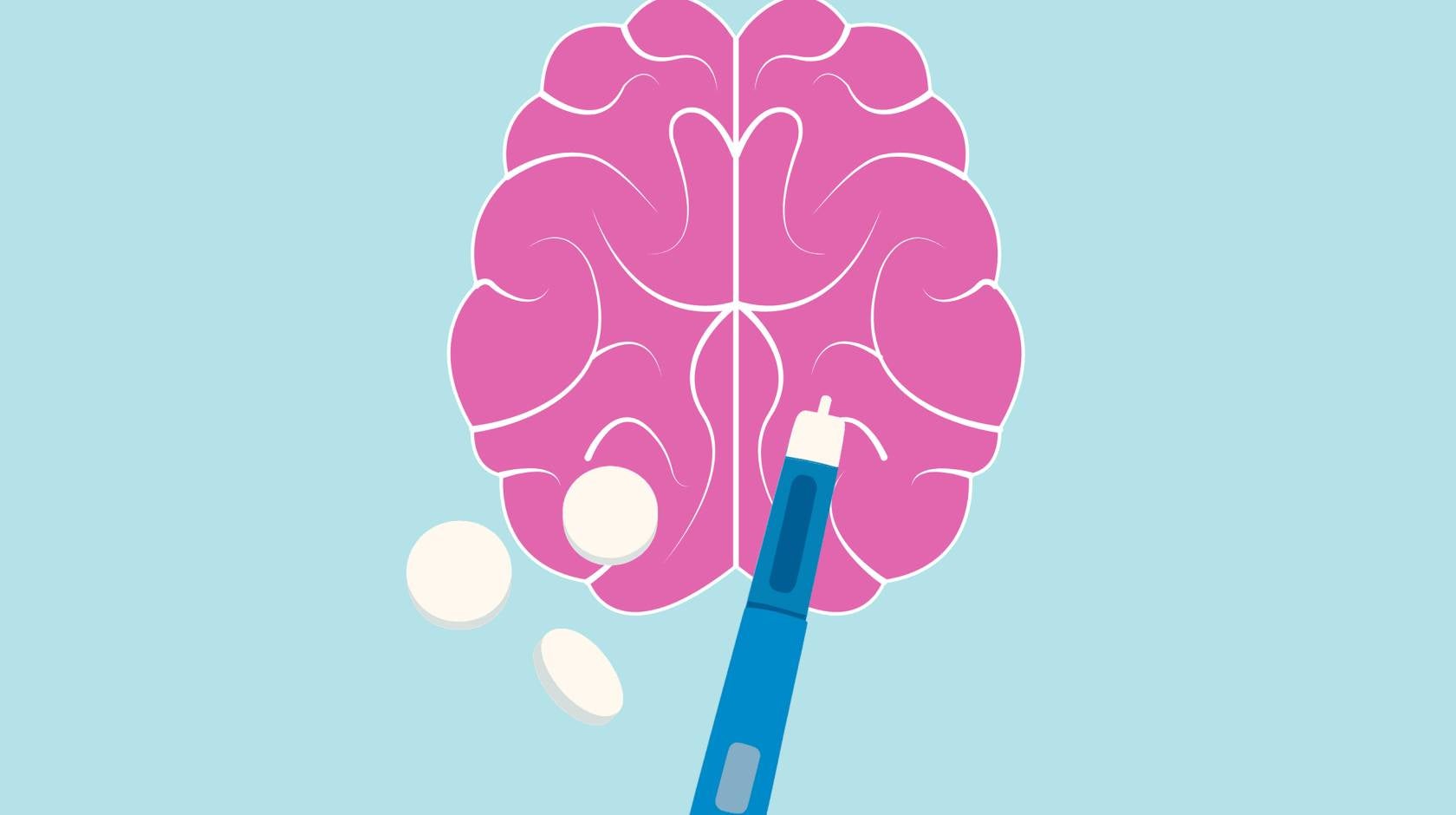 A bright, simple illustration of a brain with two pills next to it and a GLP-1 stick 