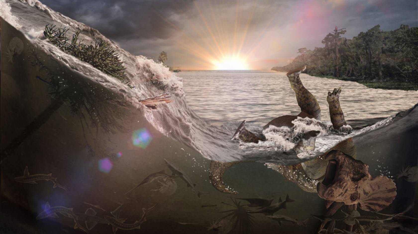 Artist's drawing of the tidal wave created by a massive meteor strike 66 million years ago.