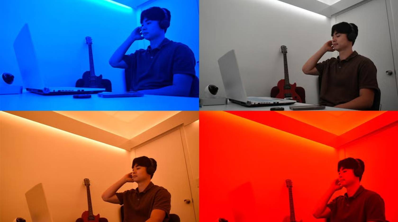 A man listening to music in 4 different light environments