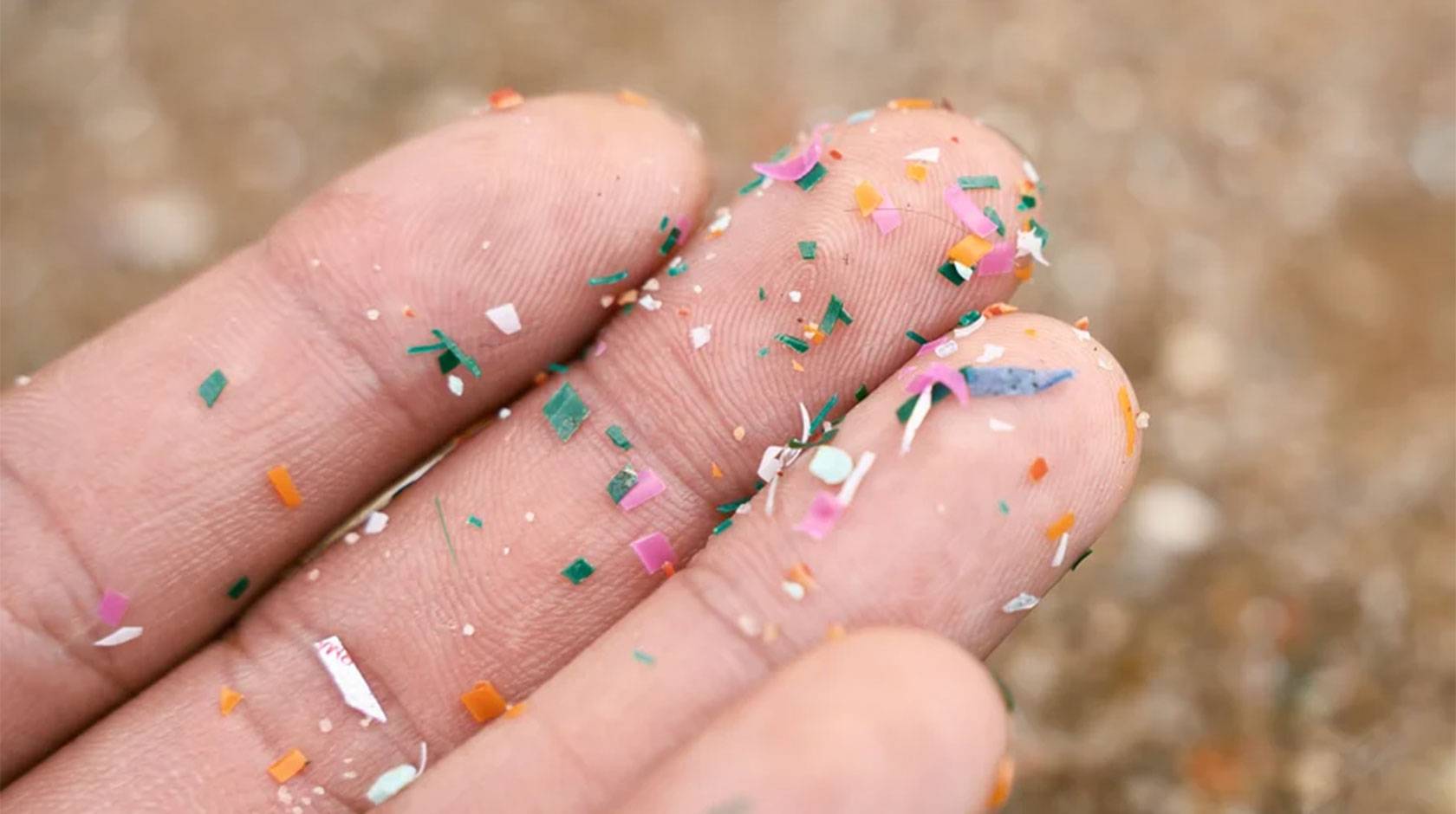 Close-up of a person's upturned palm and fingers with tiny shards of multi colored plastic stuck to the skin.
