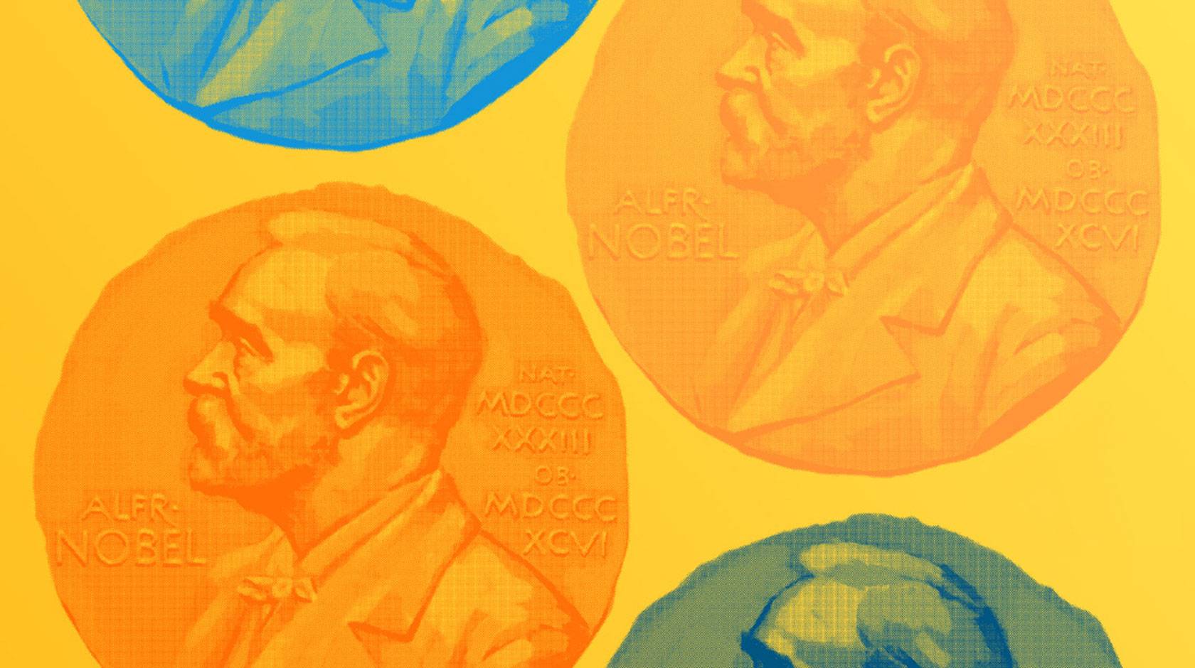 Stylized illustration of Nobel Prize medals in orange and blue on a yellow background