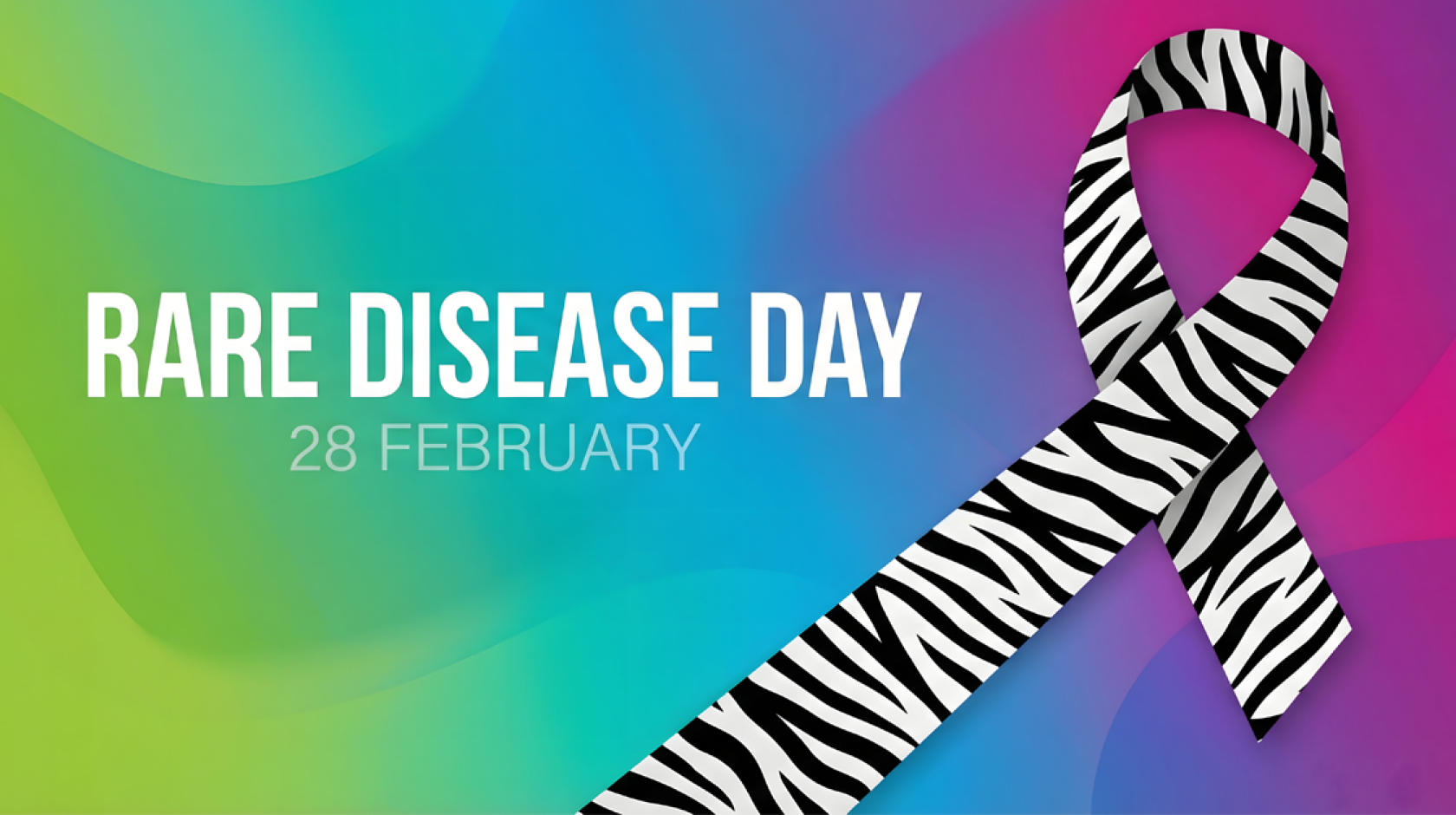 A banner reads "Rare Disease Day February 28" with a zebra ribbon on a rainbow background