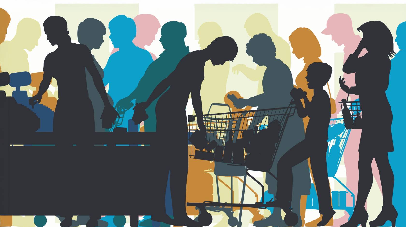An illustration of silhouetted figures in line at a grocery story checkout, with a boy pushing a shopping cart
