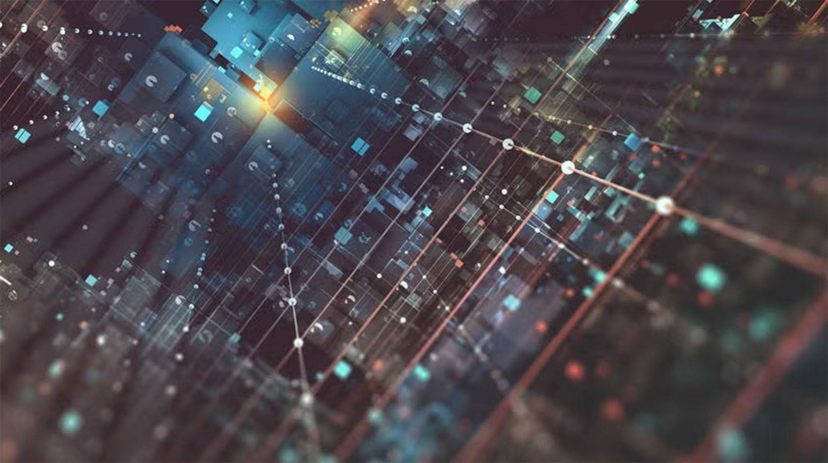 A conceptual illustration of the inside of a computer, with vector-like glowing lines running up the inside of a dark box, merging in a single glowing point in the upper left of the image