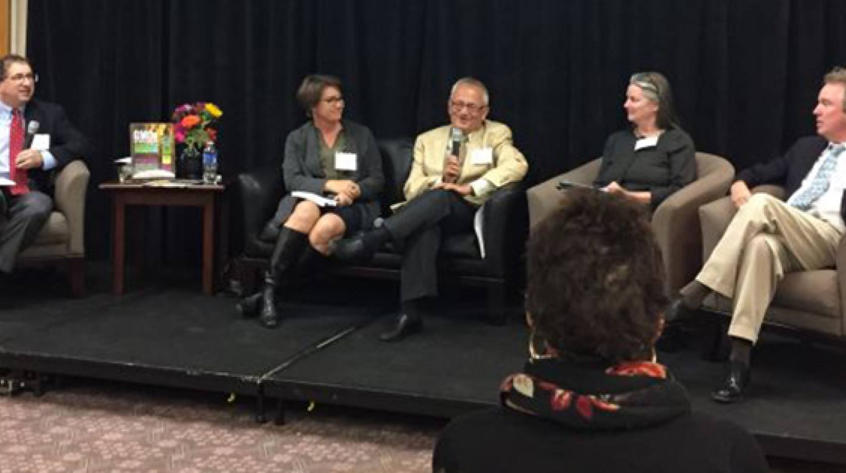 Panelists at the discussion about GMO food: (from left) moderator Greg Jaffe; Josette Lewis; Norm Ellstrand; Belinda Martineau; Alan McHughen. 