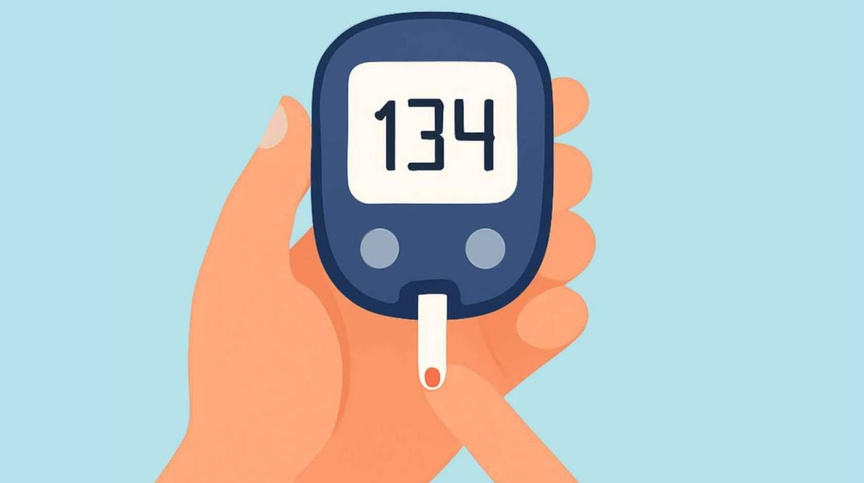 An illustration of a hand taking a blood sugar level reading off a finger on another hand