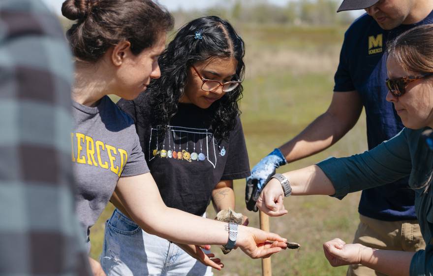 A group of people in a field, one is holding a rock they are all looking at