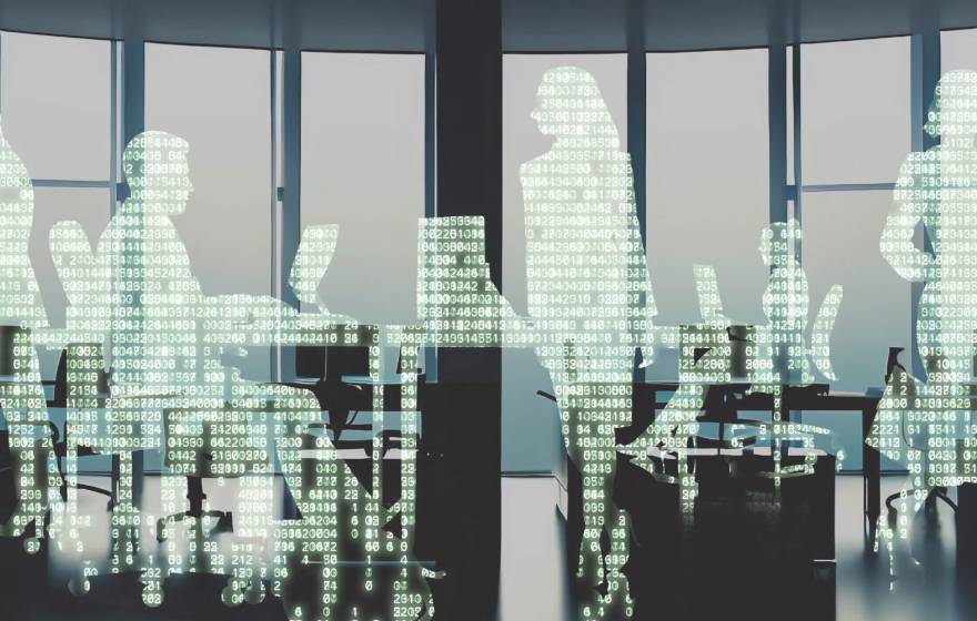 Silhouetted office workers replaced by computer code.