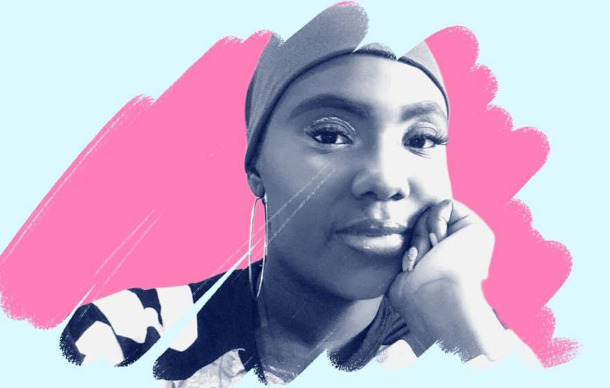 Stylized portrait of a woman resting her chin on her hand, wearing a headwrap and hoop earrings, shown in blue tones against a light background with a pink brushstroke accent behind her.