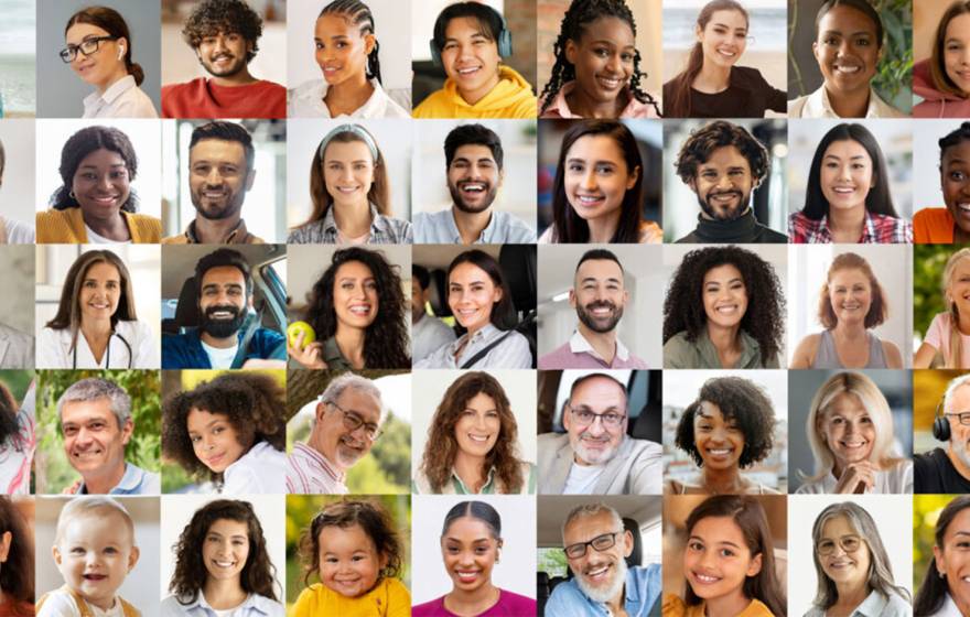 A 9x5 grid of photos of faces of people of varying ages, races and genders