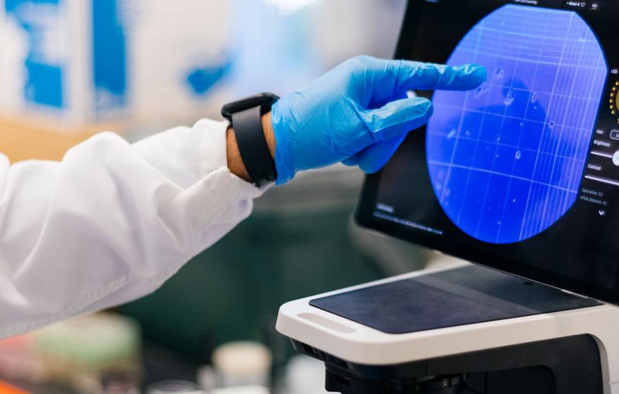 A hand in a blue glove points to a tablet screen showing a microscope view.